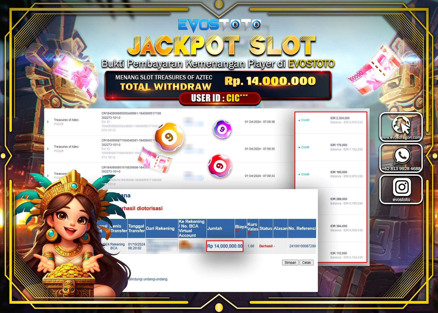 PEMBAYARAN JACKPOT SLOT  TREASURES OF AZTEC  14.000.000 DI BAYAR LANGSUNG !