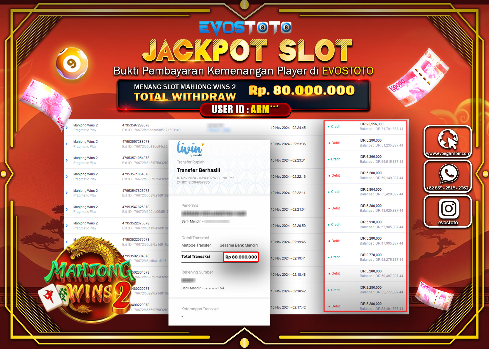 PEMBAYARAN JACKPOT SLOT MAHJONG WINS  80.000.000 DI BAYAR LANGSUNG !