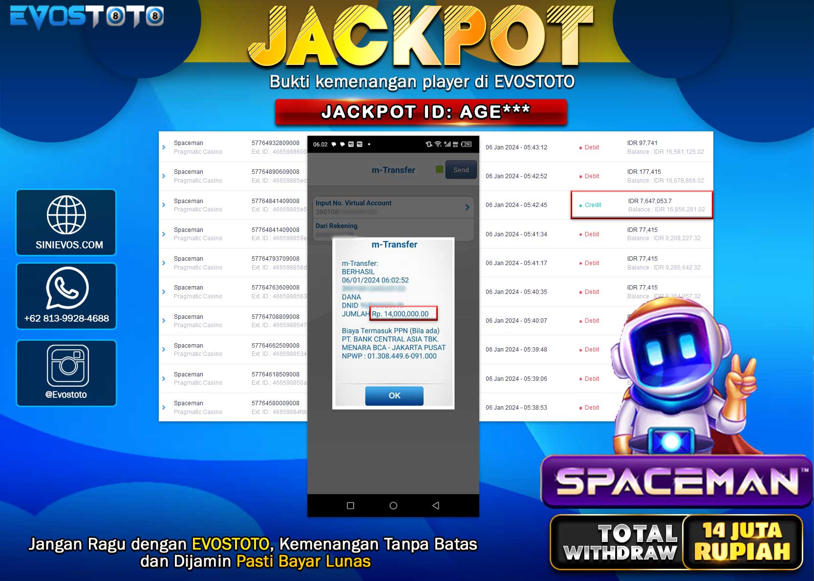 PEMBAYARAN JACKPOT SLOT GAME SPACEMAN 14.000.000 DI BAYAR LANGSUNG !