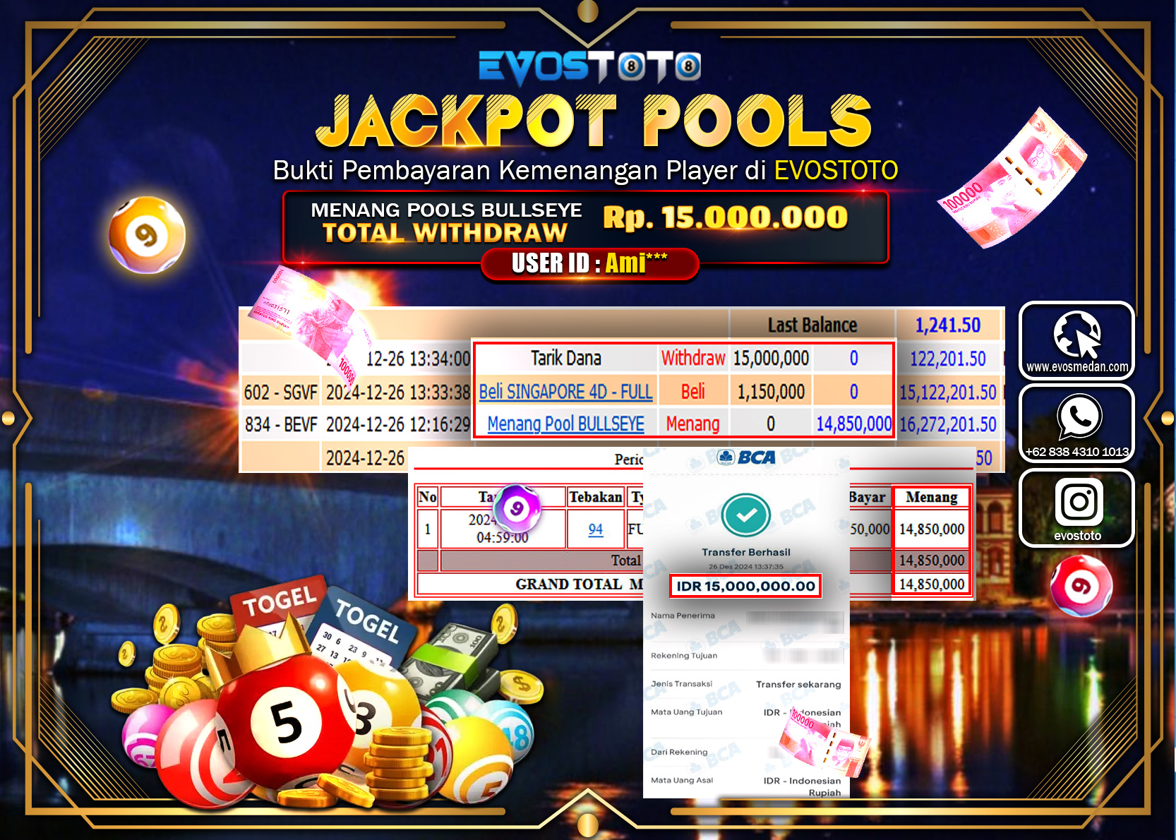 PEMBAYARAN JACKPOT POOLS BULLEYE Rp.15.000.000 DI BAYAR LANGSUNG !