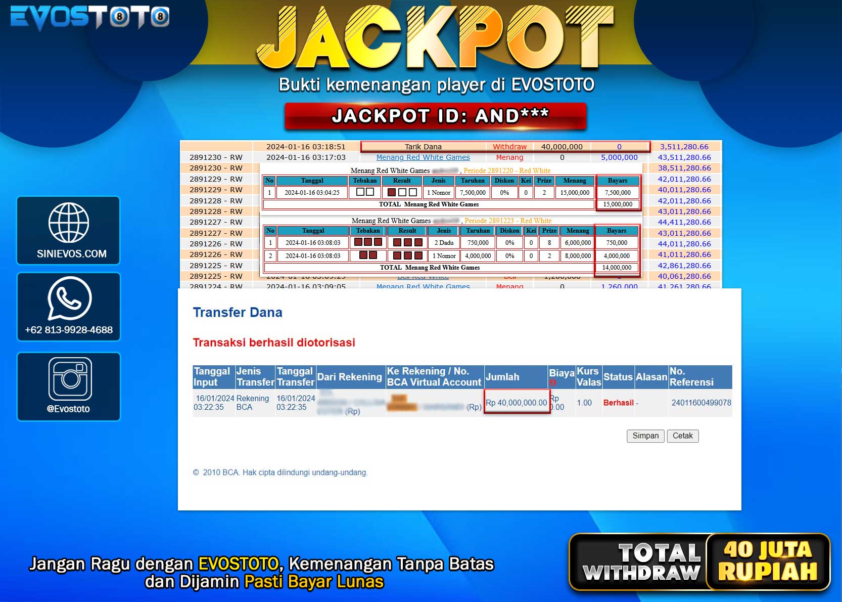 PEMBAYARAN JACKPOT LIVE GAME RED WHITE GAMES 40.000.000 DI BAYAR LANGSUNG !