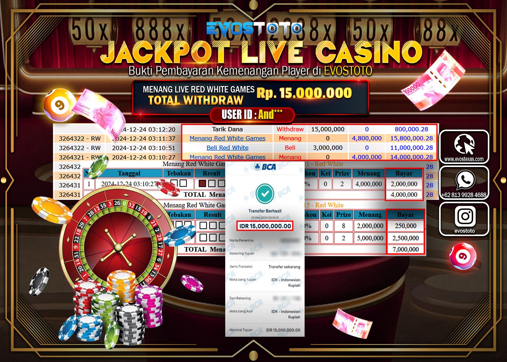 PEMBAYARAN JACKPOT LIVE RED WHITE GAMES Rp.15.000.000 DI BAYAR LANGSUNG !