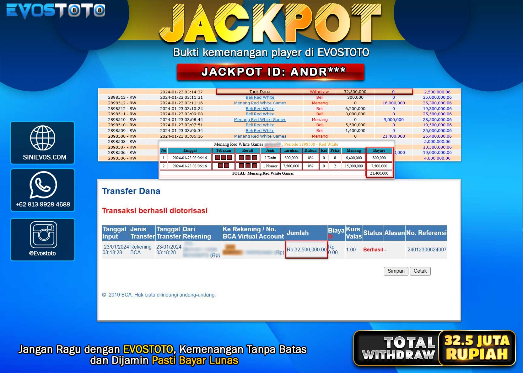 PEMBAYARAN JACKPOT LIVE GAME RED WHITE GAMES 32.500.000 DI BAYAR LANGSUNG !