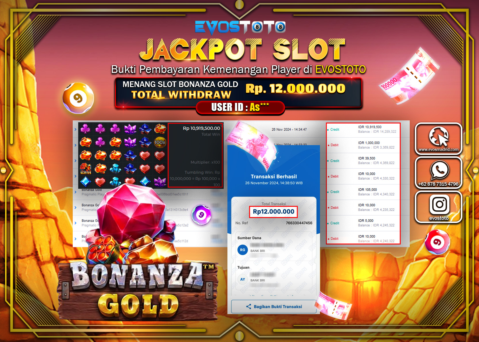 PEMBAYARAN JACKPOT SLOT BONANZA GOLD 12.000.000 DI BAYAR LANGSUNG !