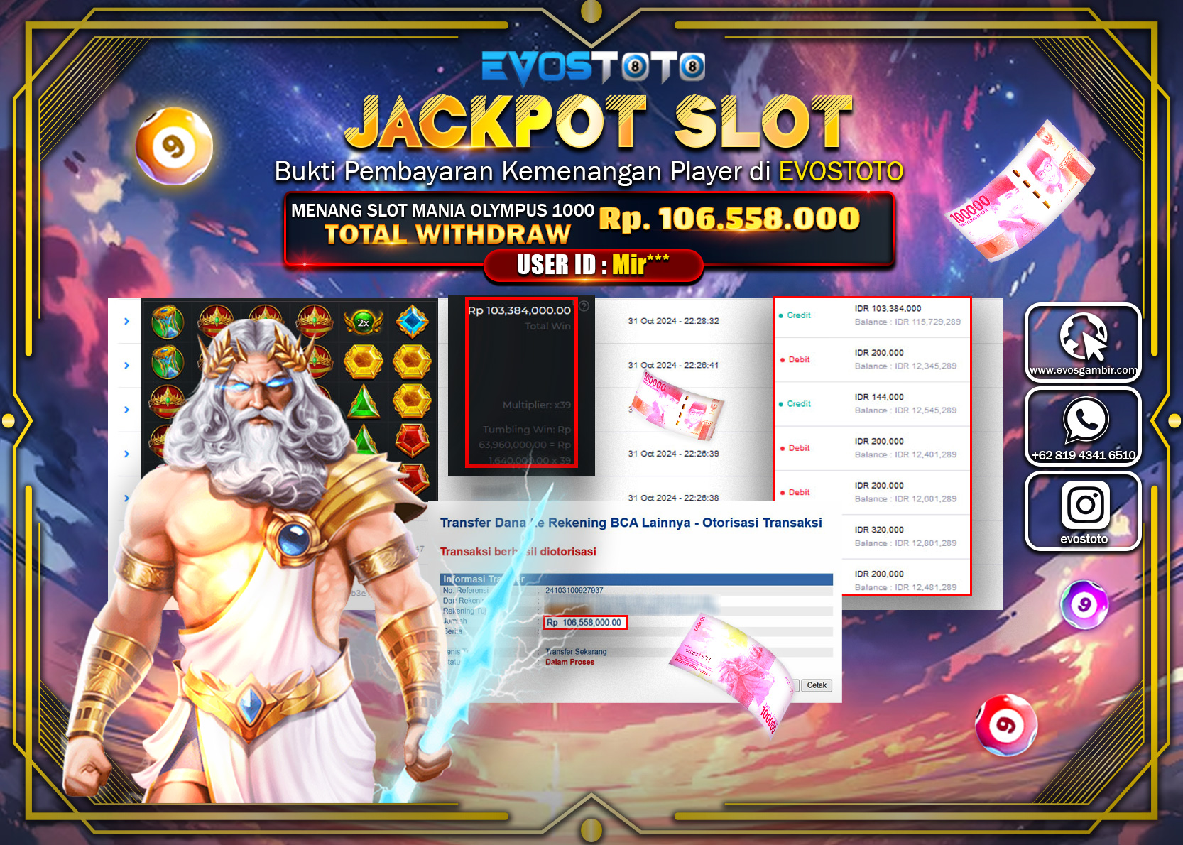 PEMBAYARAN JACKPOT SLOT MANIA OLYMPUS 1000 106.558.000 DI BAYAR LANGSUNG !