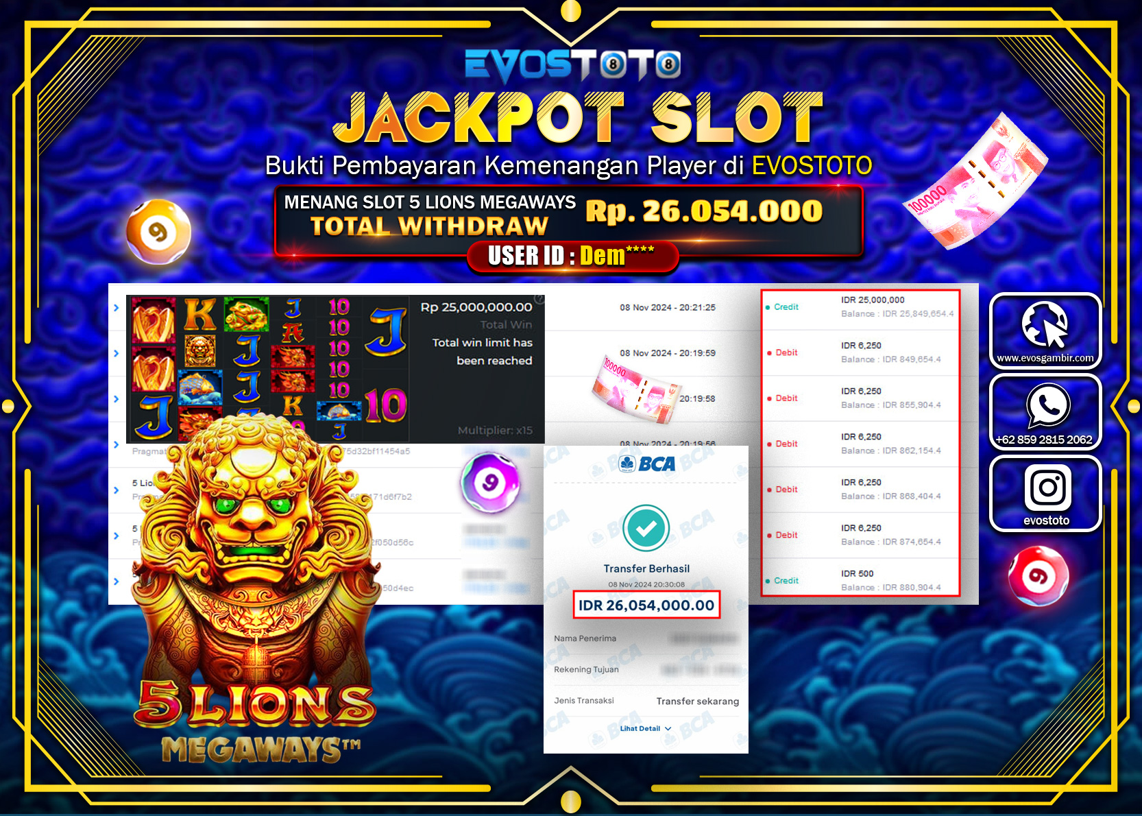 PEMBAYARAN JACKPOT SLOT 5 LIONS MEGAWAYS 26.054.000DI BAYAR LANGSUNG !