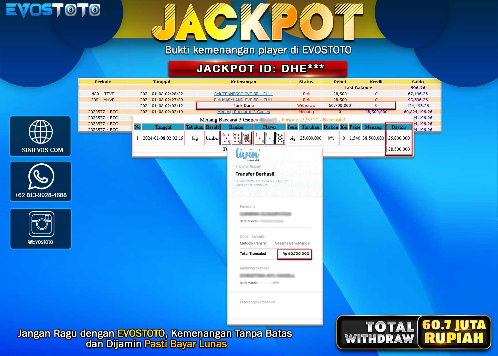 PEMBAYARAN JACKPOT LIVE GAME BACCARAT 3 GAMES 60.700.000 DI BAYAR LANGSUNG !