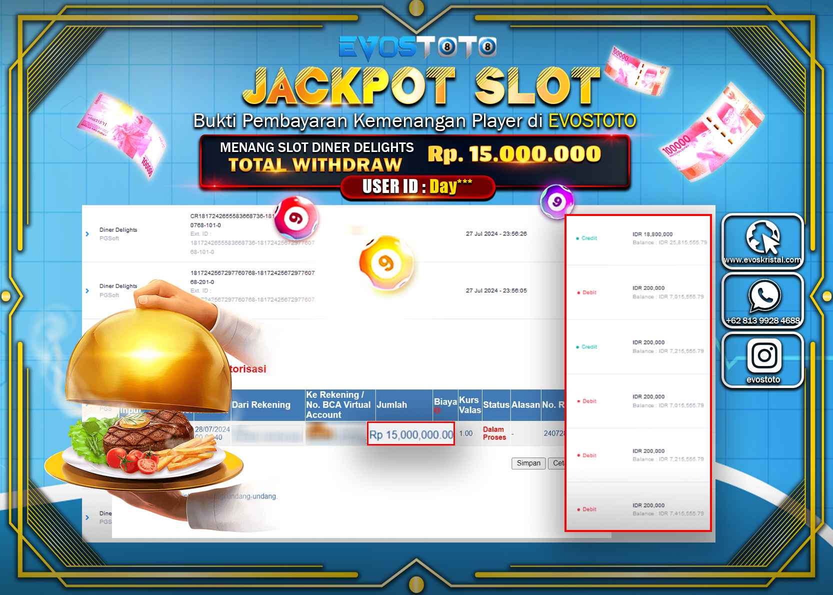 PEMBAYARAN JACKPOT SLOT DINER DELIGHTS  15.000.000 DI BAYAR LANGSUNG !