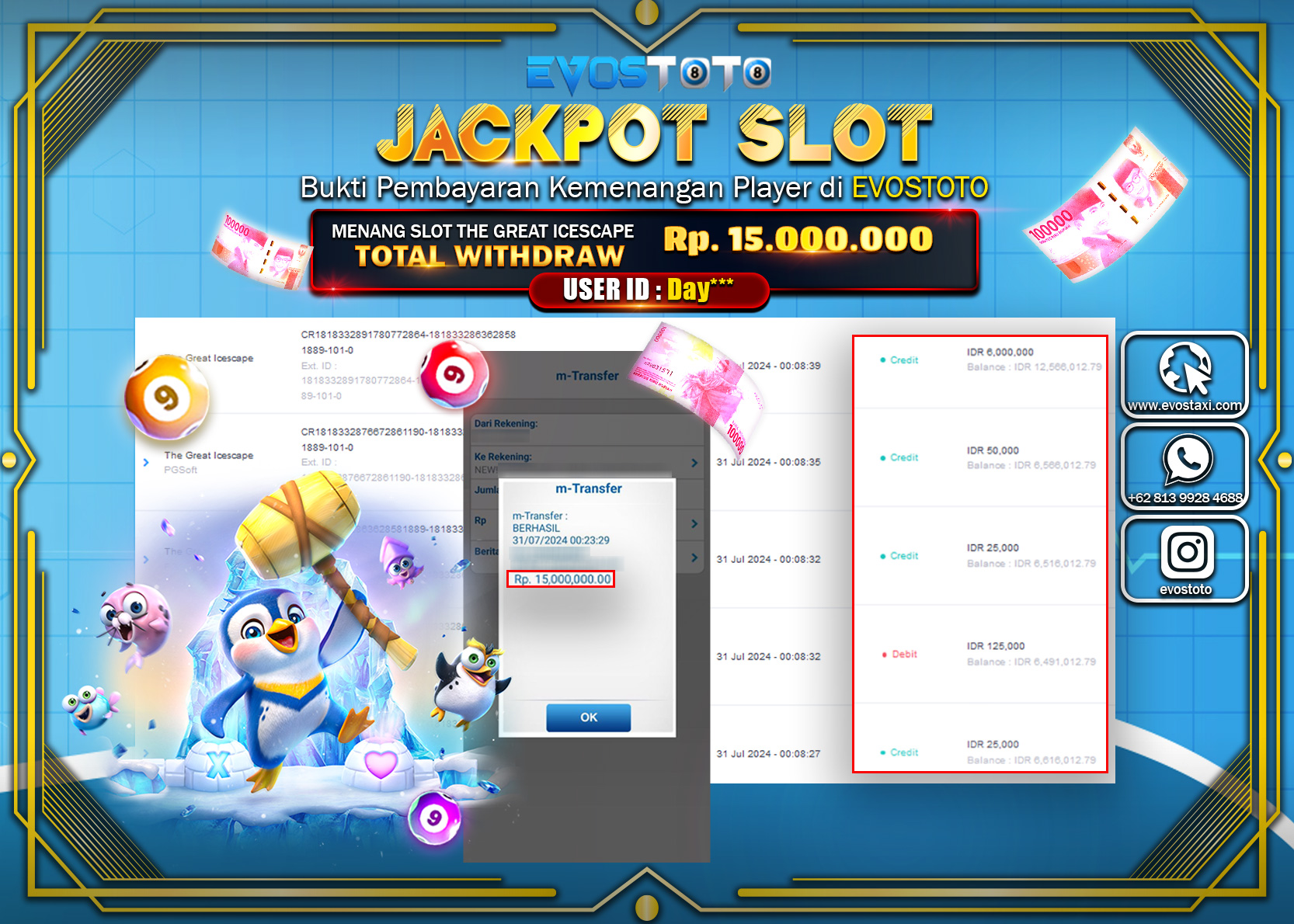 PEMBAYARAN JACKPOT SLOT  THE GREAT ICESAEP  15.000.000 DI BAYAR LANGSUNG !
