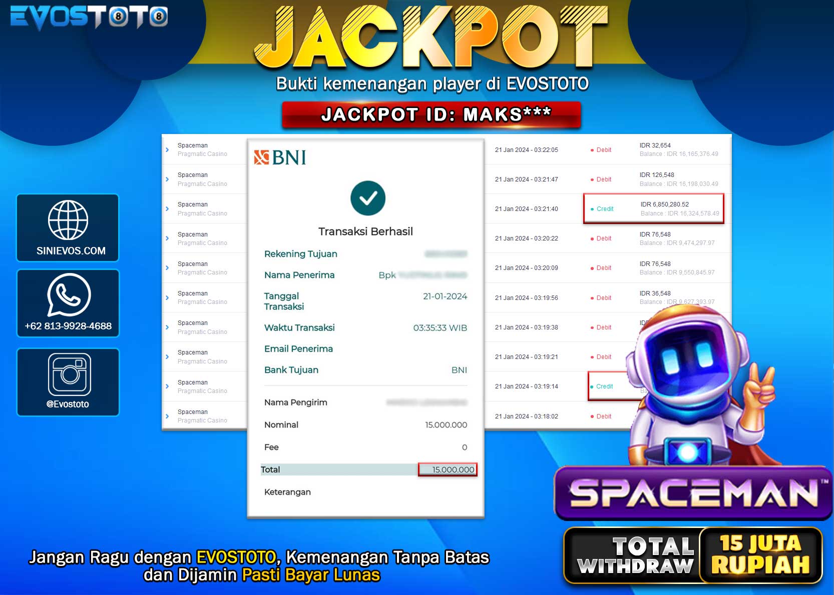 PEMBAYARAN JACKPOT SLOT SPACEMAN 15.000.000 DI BAYAR LANGSUNG !