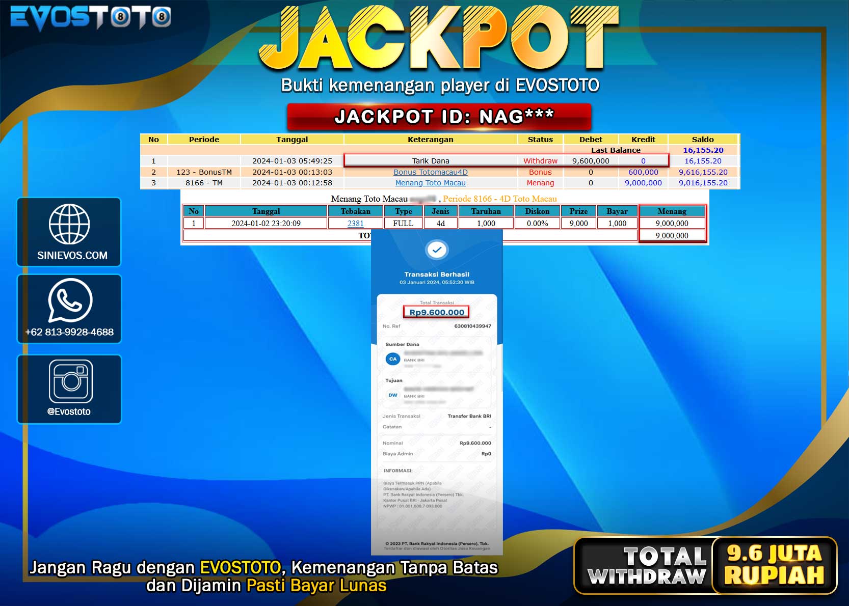 PEMBAYARAN JACKPOT POOL TOTO MACAU 4D 9.600.000 DI BAYAR LANGSUNG !