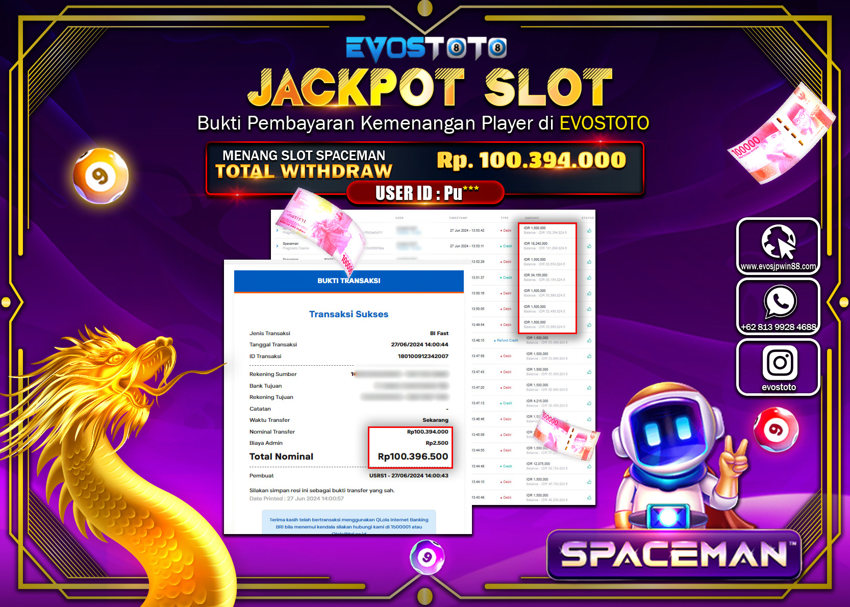 PEMBAYARAN JACKPOT SLOT SPACEMAN 100.394.000 DI BAYAR LANGSUNG !