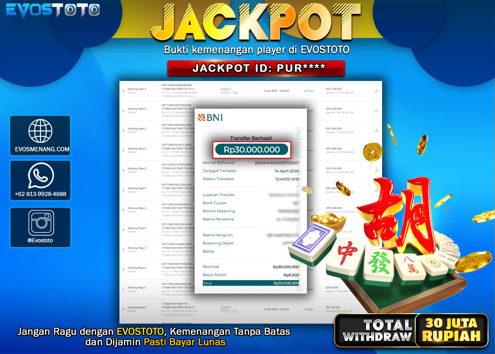 PEMBAYARAN JACKPOT SLOT MAHJONG WAYS 30.000.000 DI BAYAR LANGSUNG !