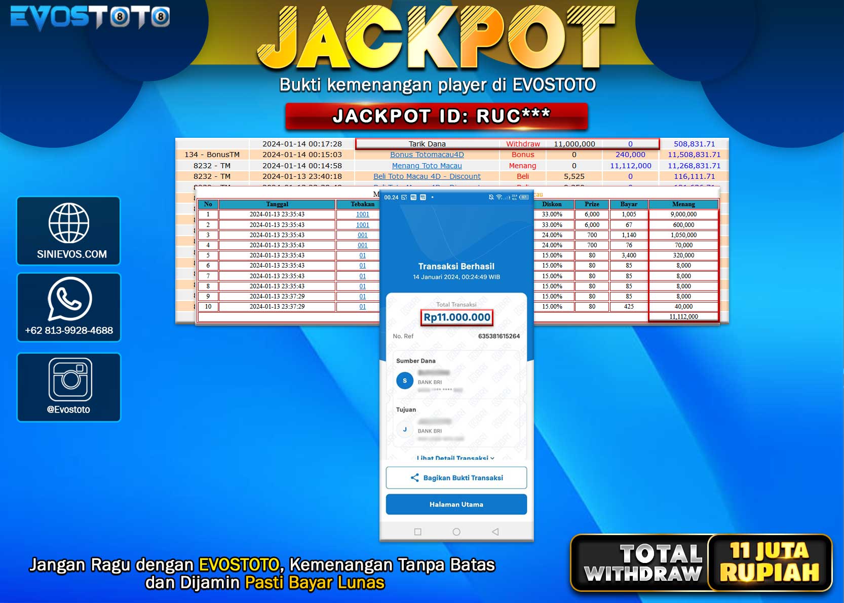 PEMBAYARAN JACKPOT POOL TOTO MACAU 4D 11.000.000 DI BAYAR LANGSUNG !
