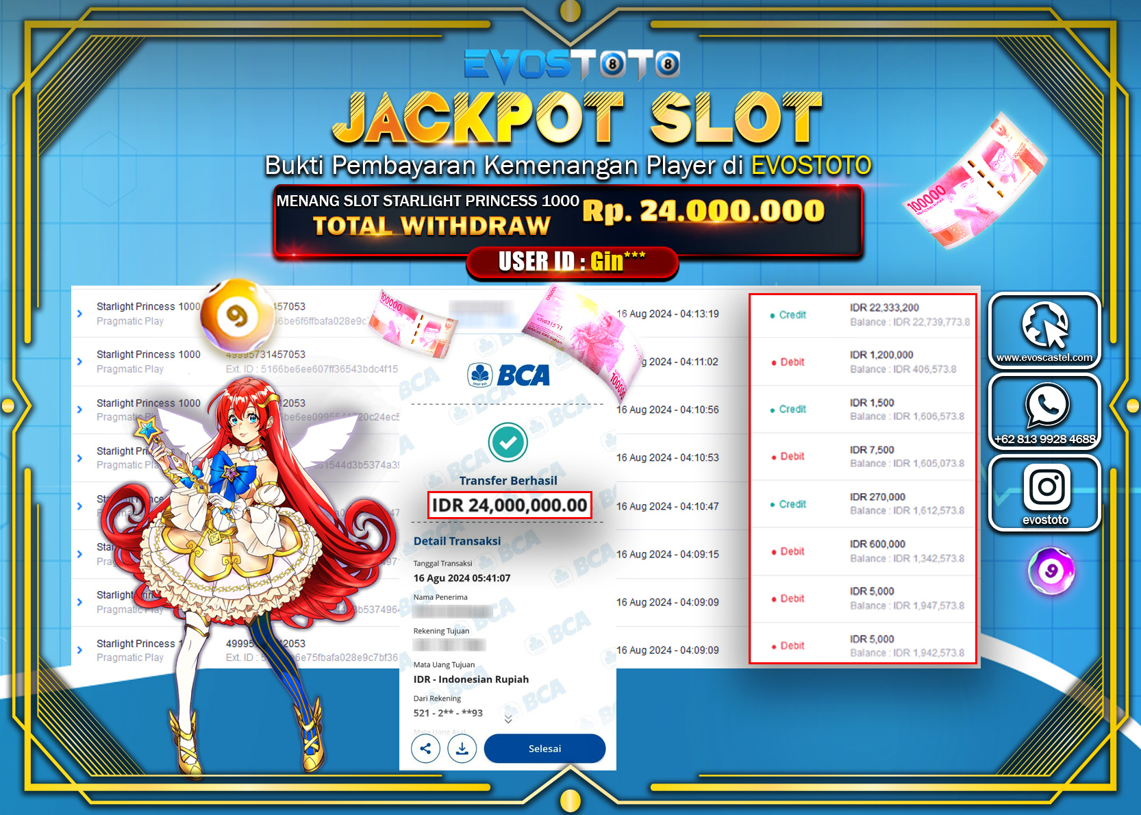 PEMBAYARAN JACKPOT SLOT STARLIGHT PRINCES 1000 24.000.000 DI BAYAR LANGSUNG !