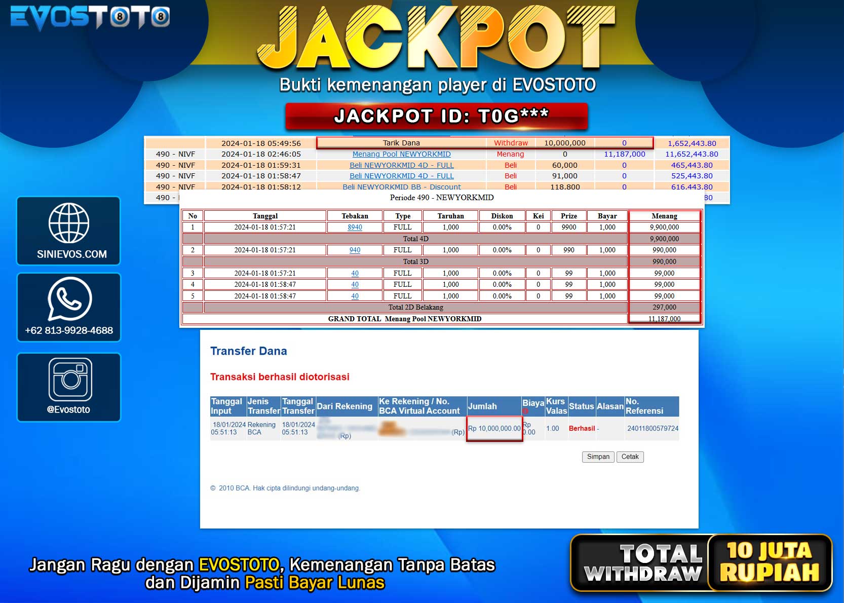 PEMBAYARAN JACKPOT POOL NEWYORKMID 10.000.000 DI BAYAR LANGSUNG !