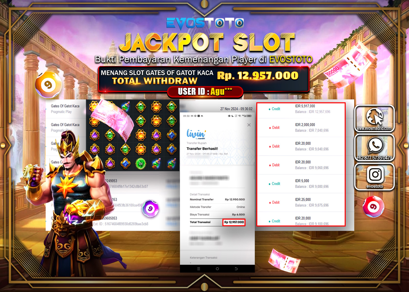 PEMBAYARAN JACKPOT SLOT GATES OF GATOT KACA  12.957.000 DI BAYAR LANGSUNG !
