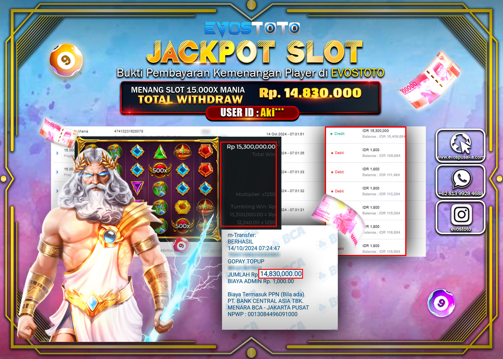 PEMBAYARAN JACKPOT SLOT 15.000 X MANIA  14.830.000 DI BAYAR LANGSUNG !