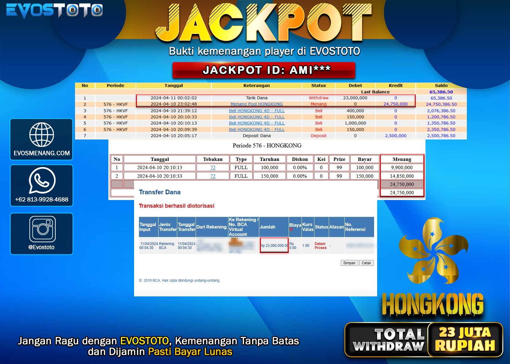 PEMBAYARAN JACKPOT POOL HONGKONG 23.000.000 DI BAYAR LANGSUNG !