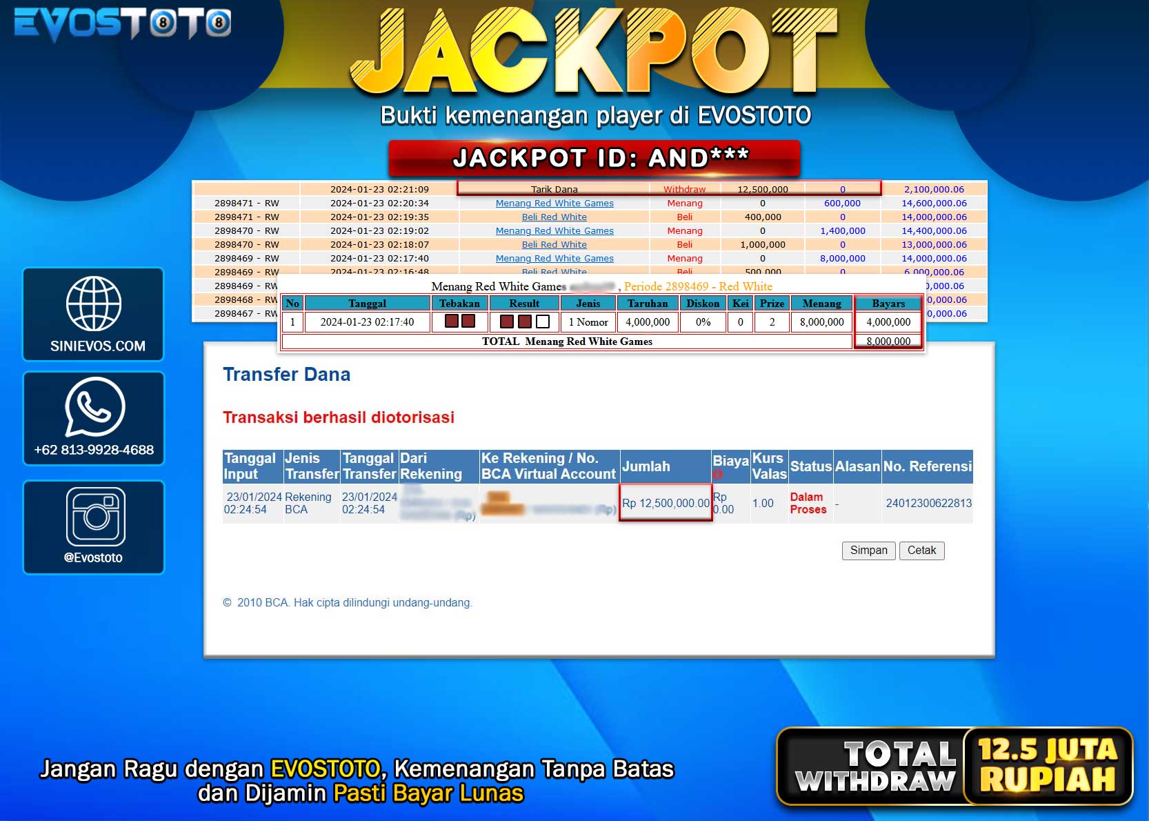 PEMBAYARAN JACKPOT LIVE GAME RED WHITE GAMES 12.500.000 DI BAYAR LANGSUNG !