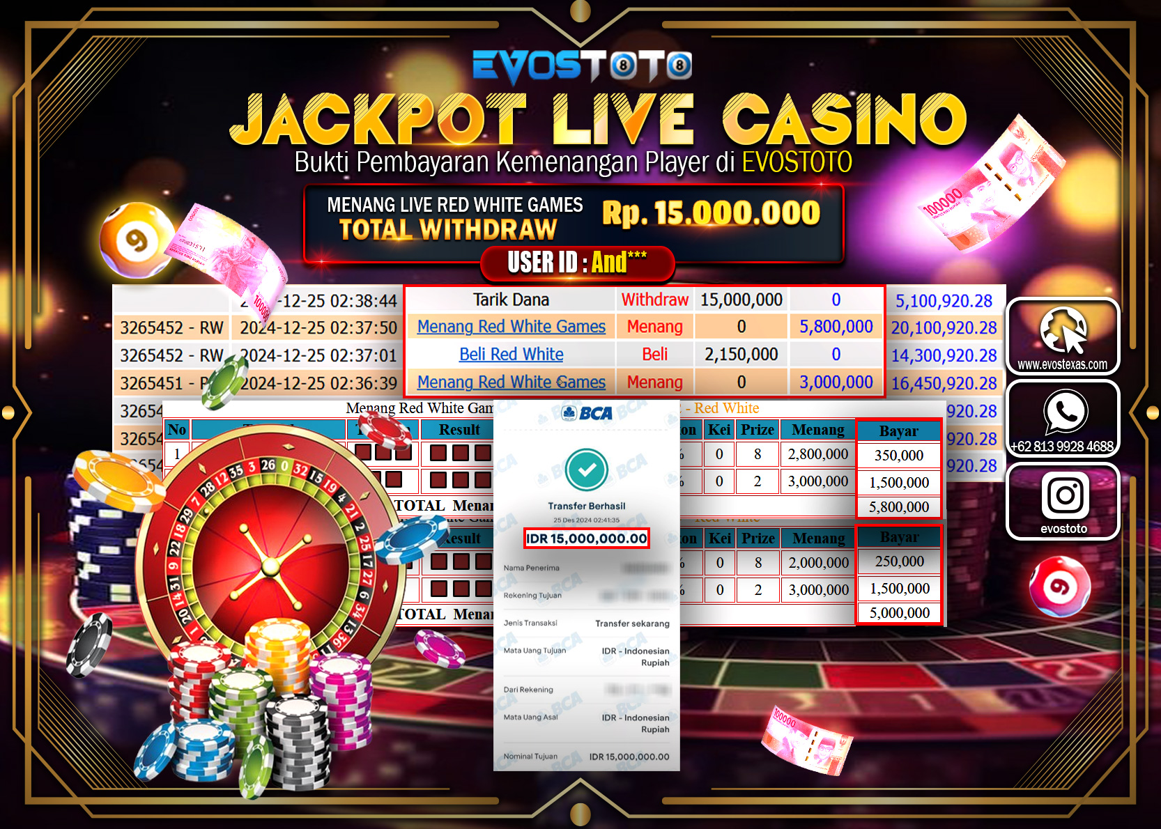 PEMBAYARAN JACKPOT LIVE GAME RED WHITE GAMES Rp.15.000.000 DI BAYAR LANGSUNG !