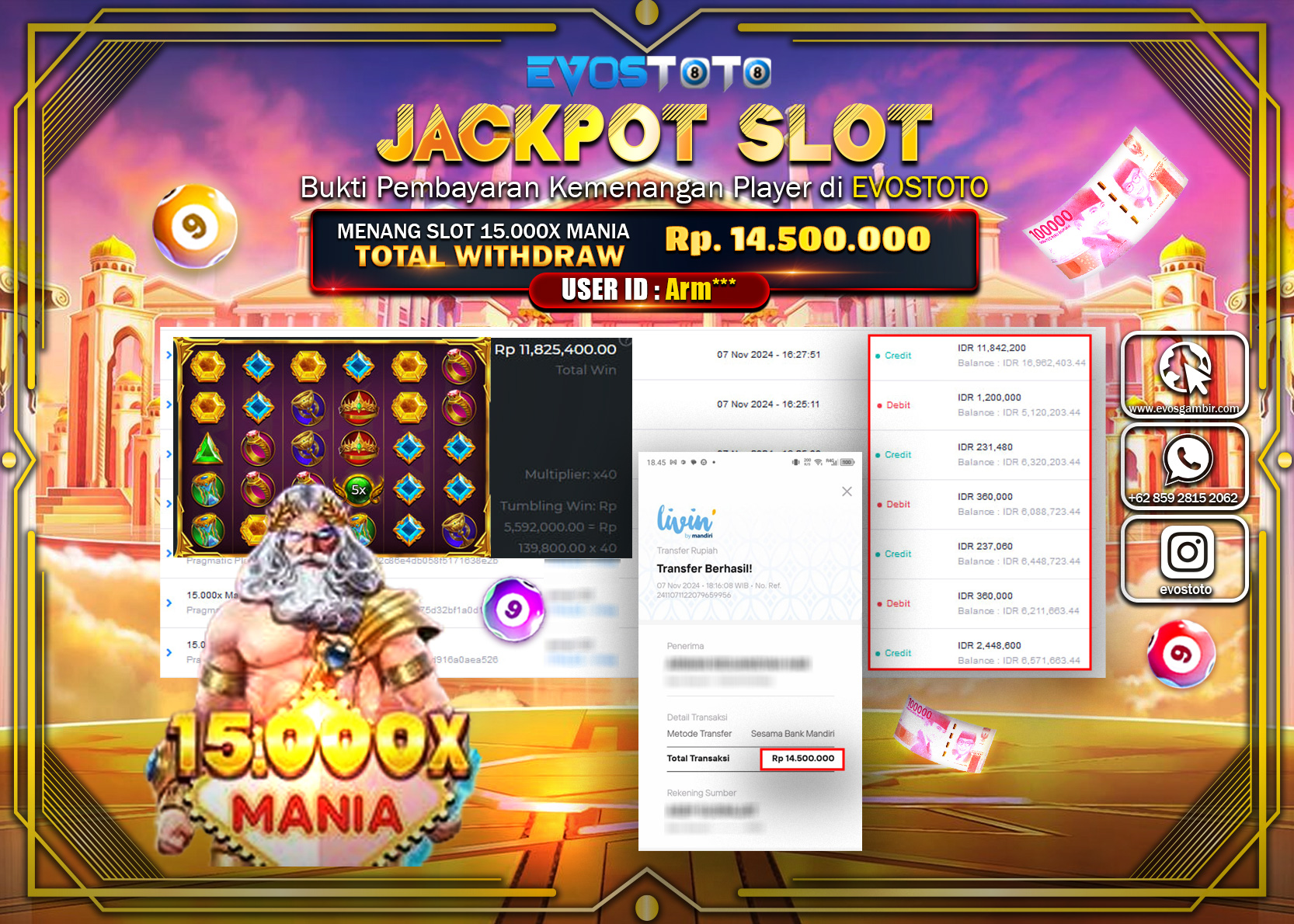 PEMBAYARAN JACKPOT SLOT 15.000X MANIA 14.500.000 DI BAYAR LANGSUNG !