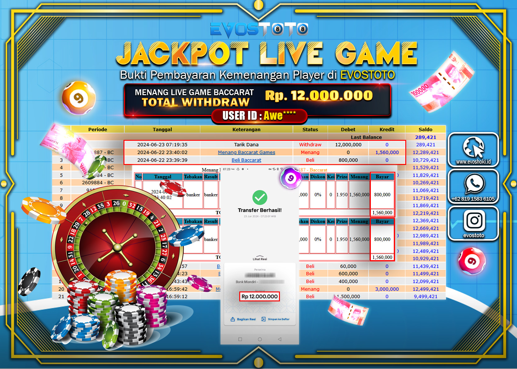 PEMBAYARAN JACKPOT LIVE GAME BACCARAT 12.000.000 DI BAYAR LANGSUNG !