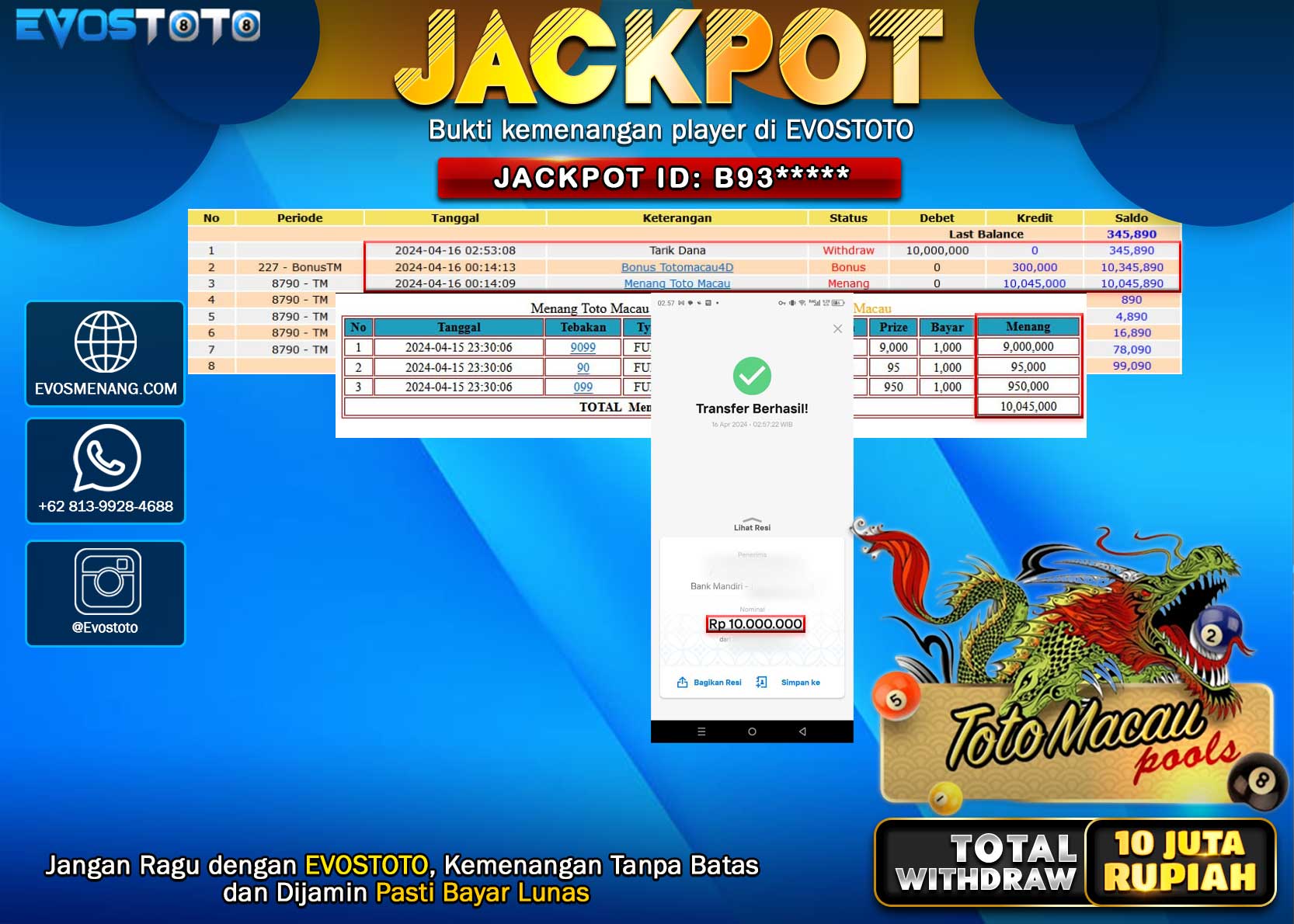 PEMBAYARAN JACKPOT POOL TOTO MACAU 4D 10.000.000 DI BAYAR LANGSUNG !