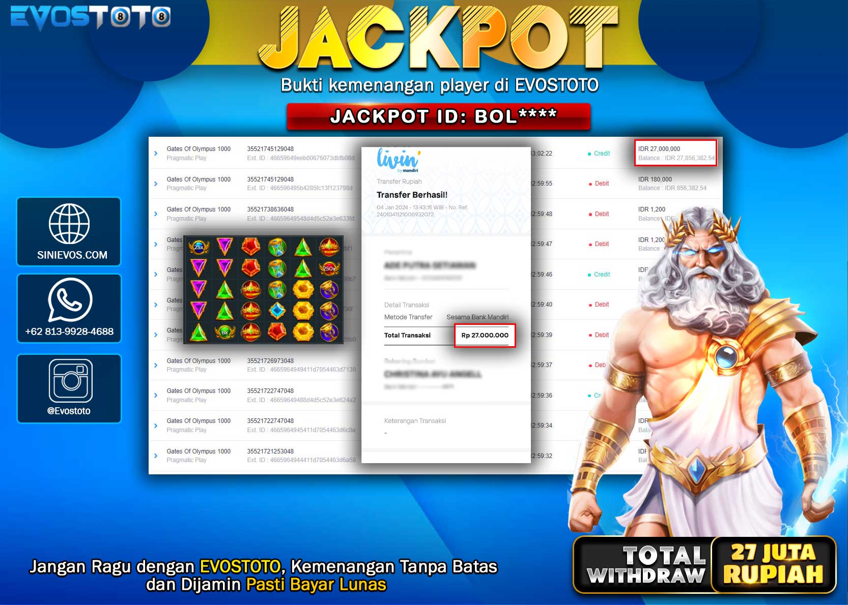 PEMBAYARAN JACKPOT SLOT GATES OF OLYMPUS 27.000.000 DI BAYAR LANGSUNG !