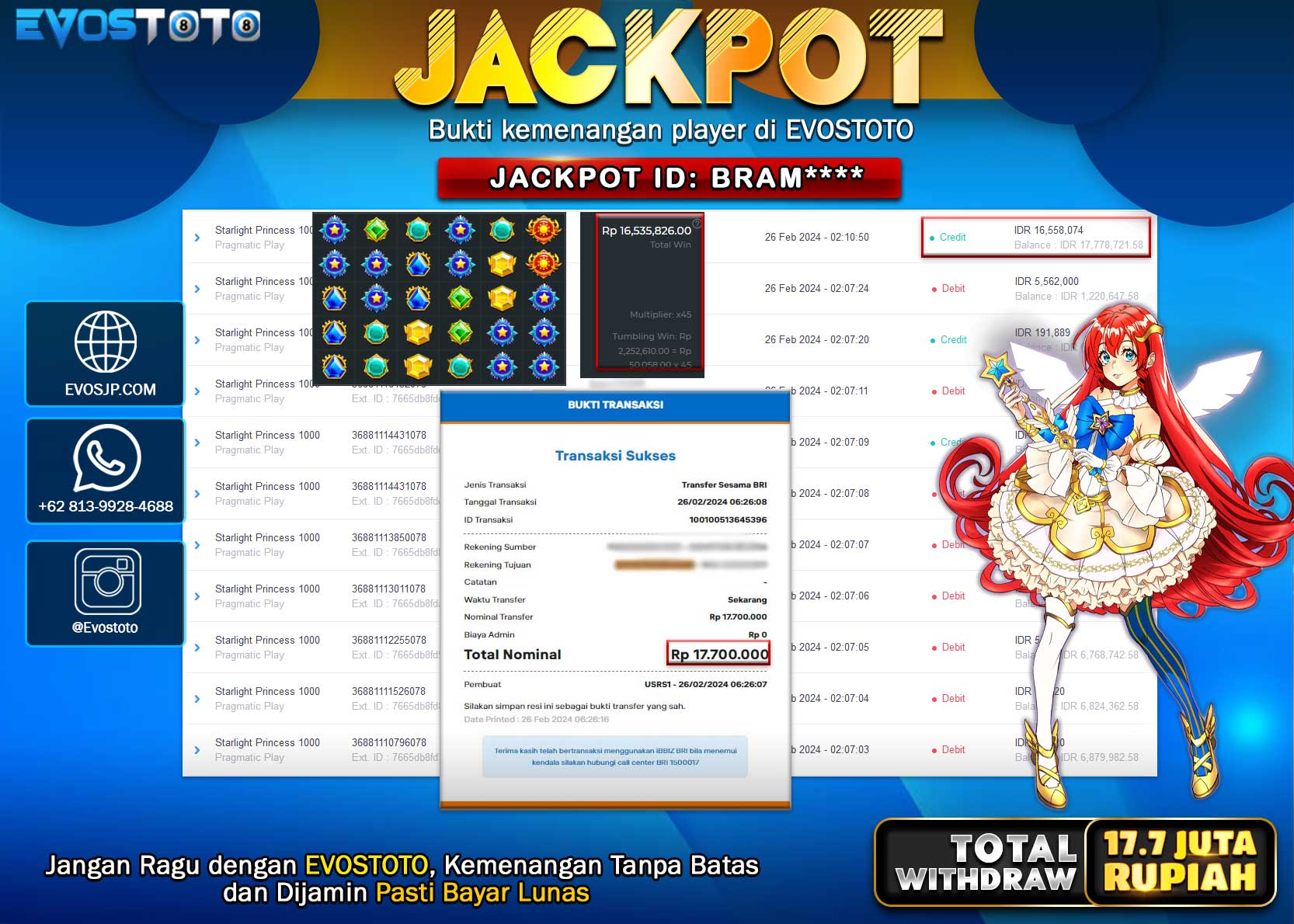 PEMBAYARAN JACKPOT SLOT STARLIGHT PRINCESS 1000  17.700.000 DI BAYAR LANGSUNG !
