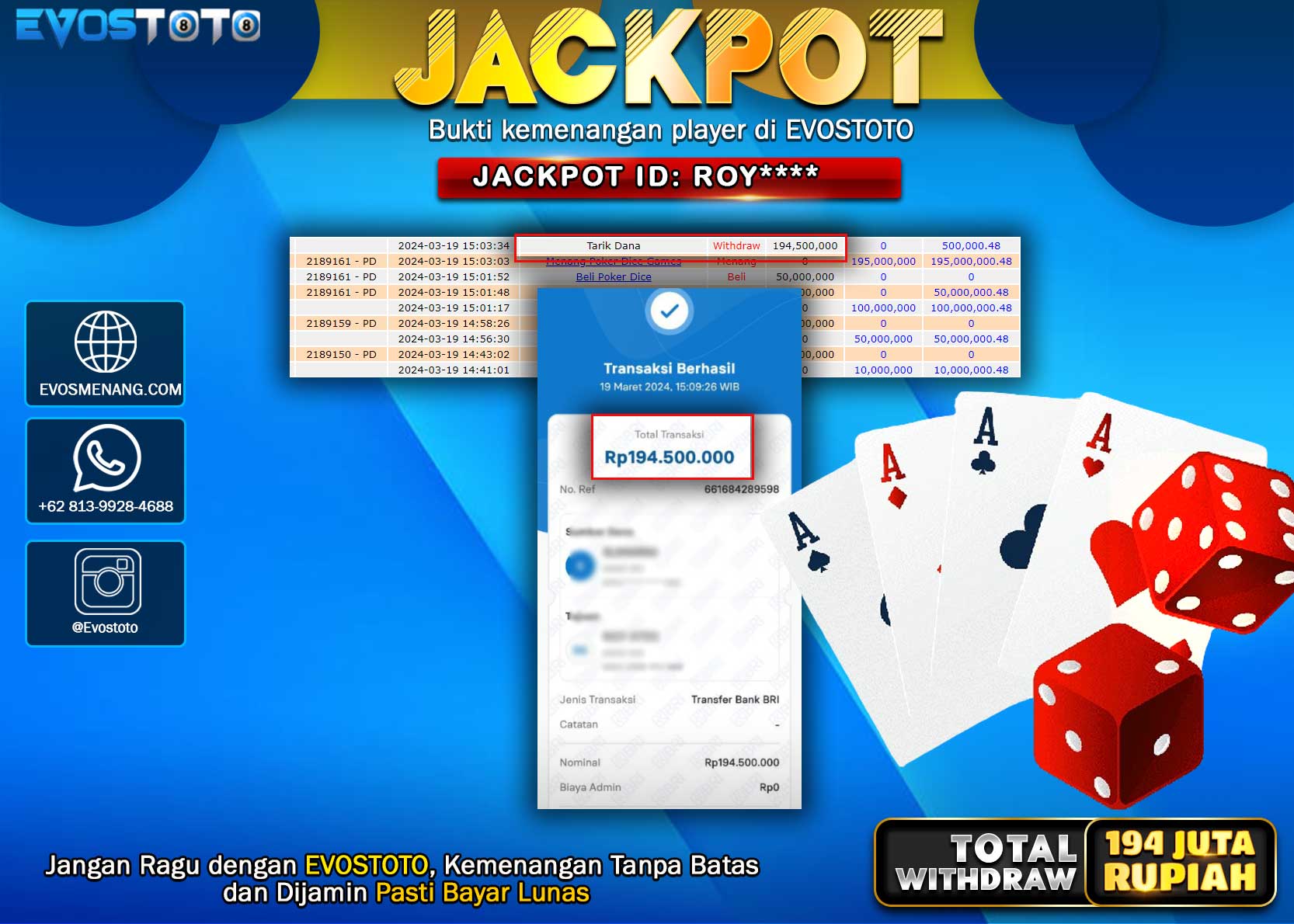 PEMBAYARAN JACKPOT LIVE POKER DICE 194.500.000 DI BAYAR LANGSUNG !