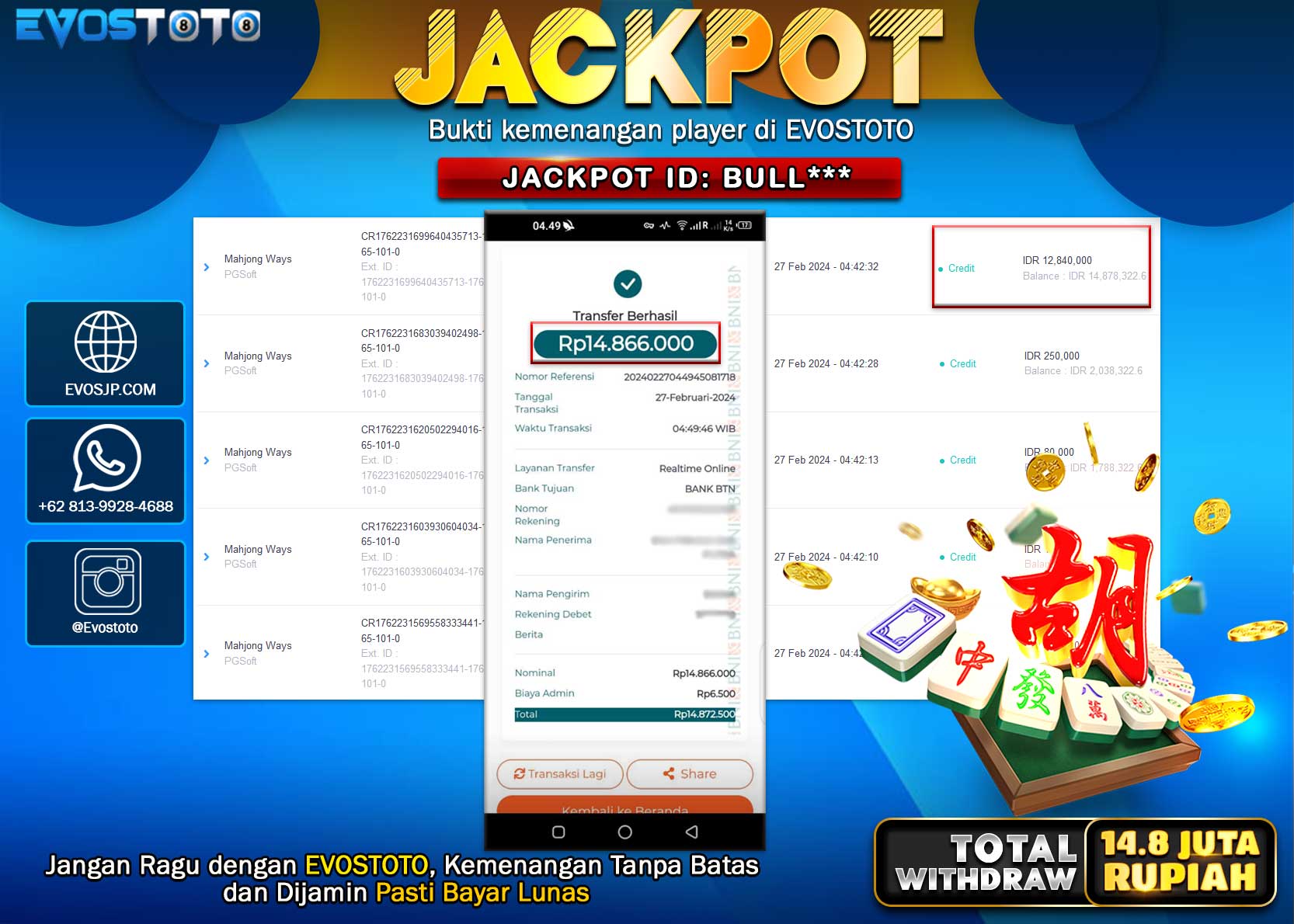 PEMBAYARAN JACKPOT SLOT MAHJONG WAYS  14.866.000 DI BAYAR LANGSUNG !