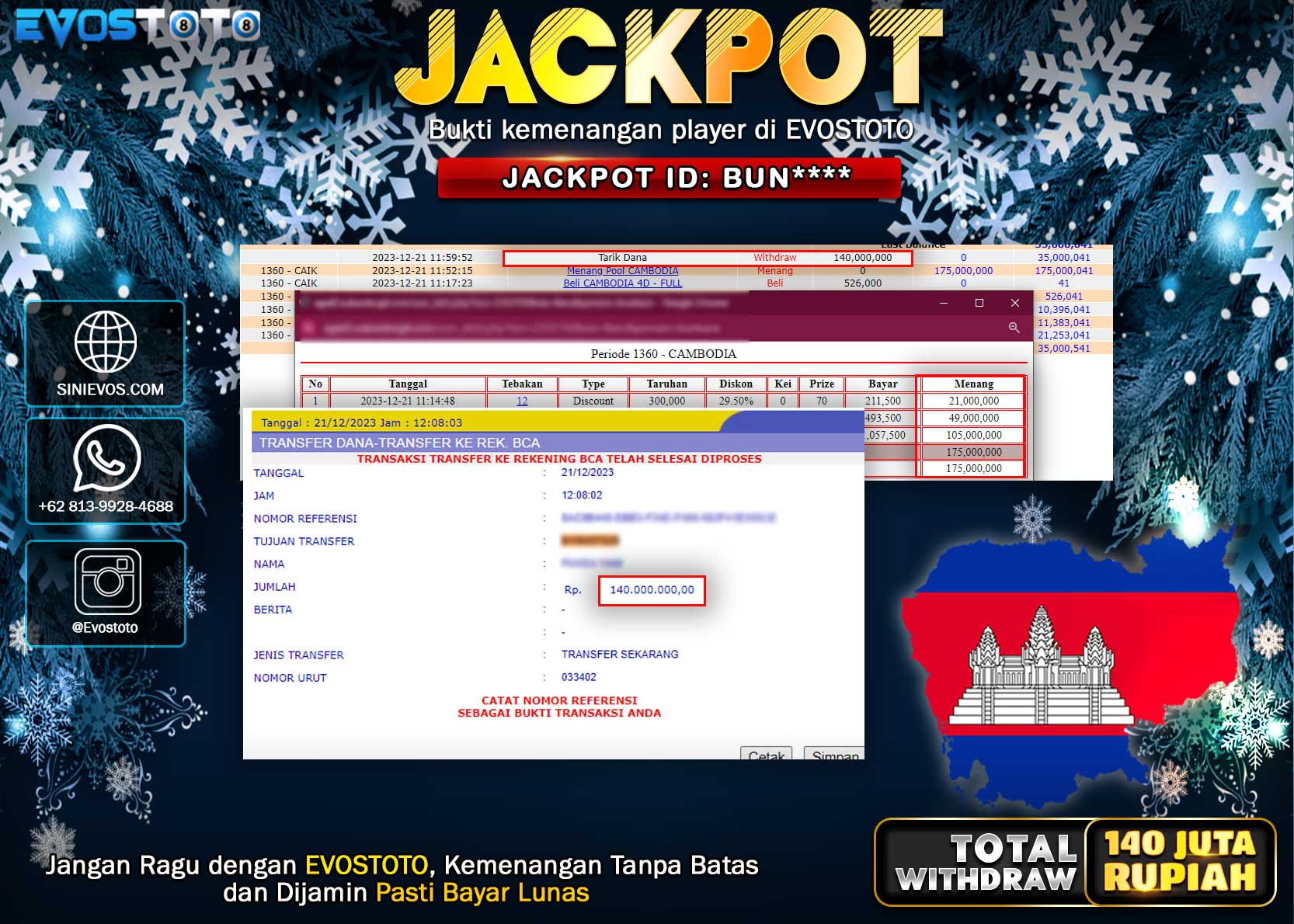 PEMBAYARAN JACKPOT POOL CAMBODIA 140.000.000 DI BAYAR LANGSUNG !