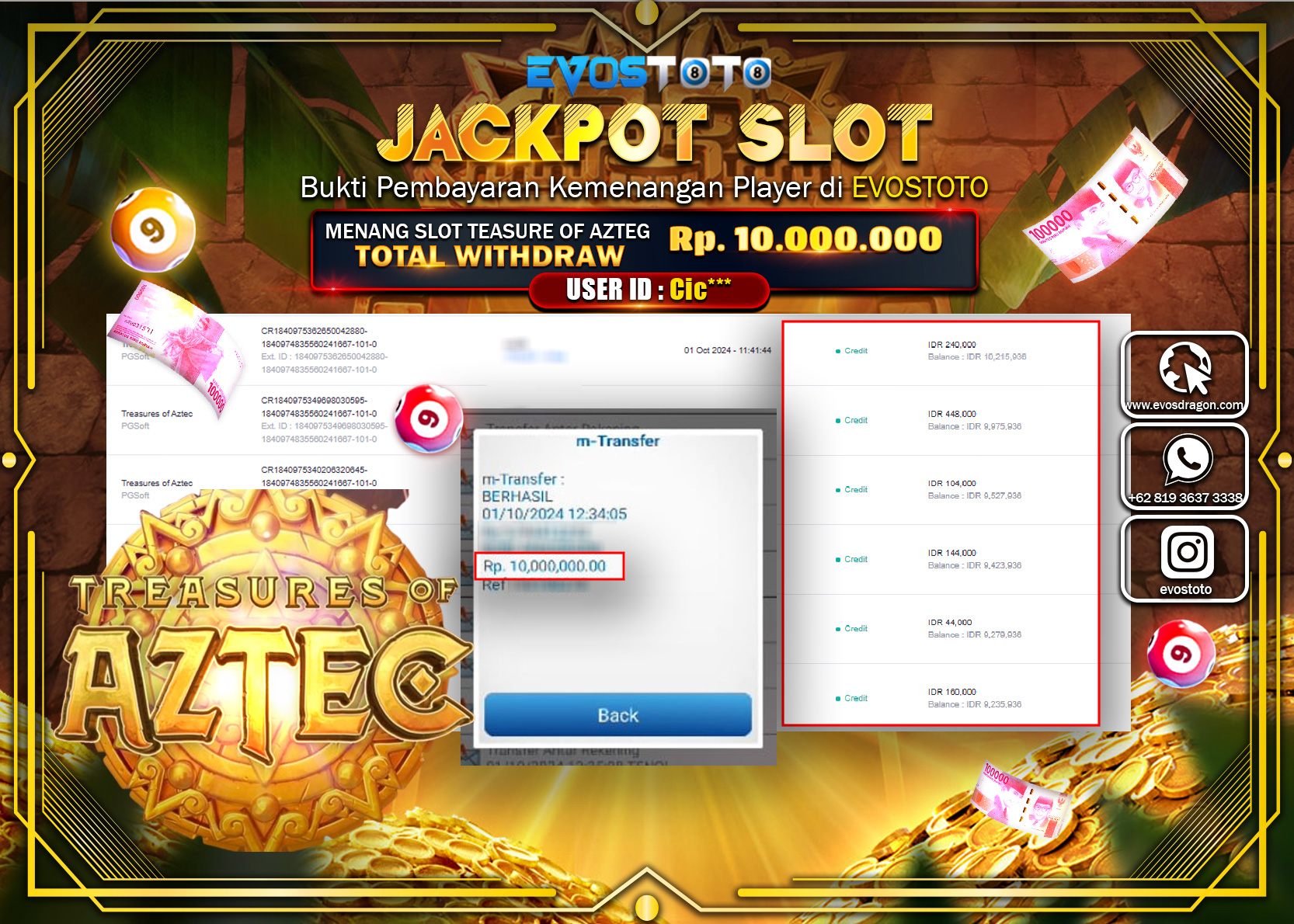 PEMBAYARAN JACKPOT SLOT  TREASURES OF AZTEC  10.000.000 DI BAYAR LANGSUNG !