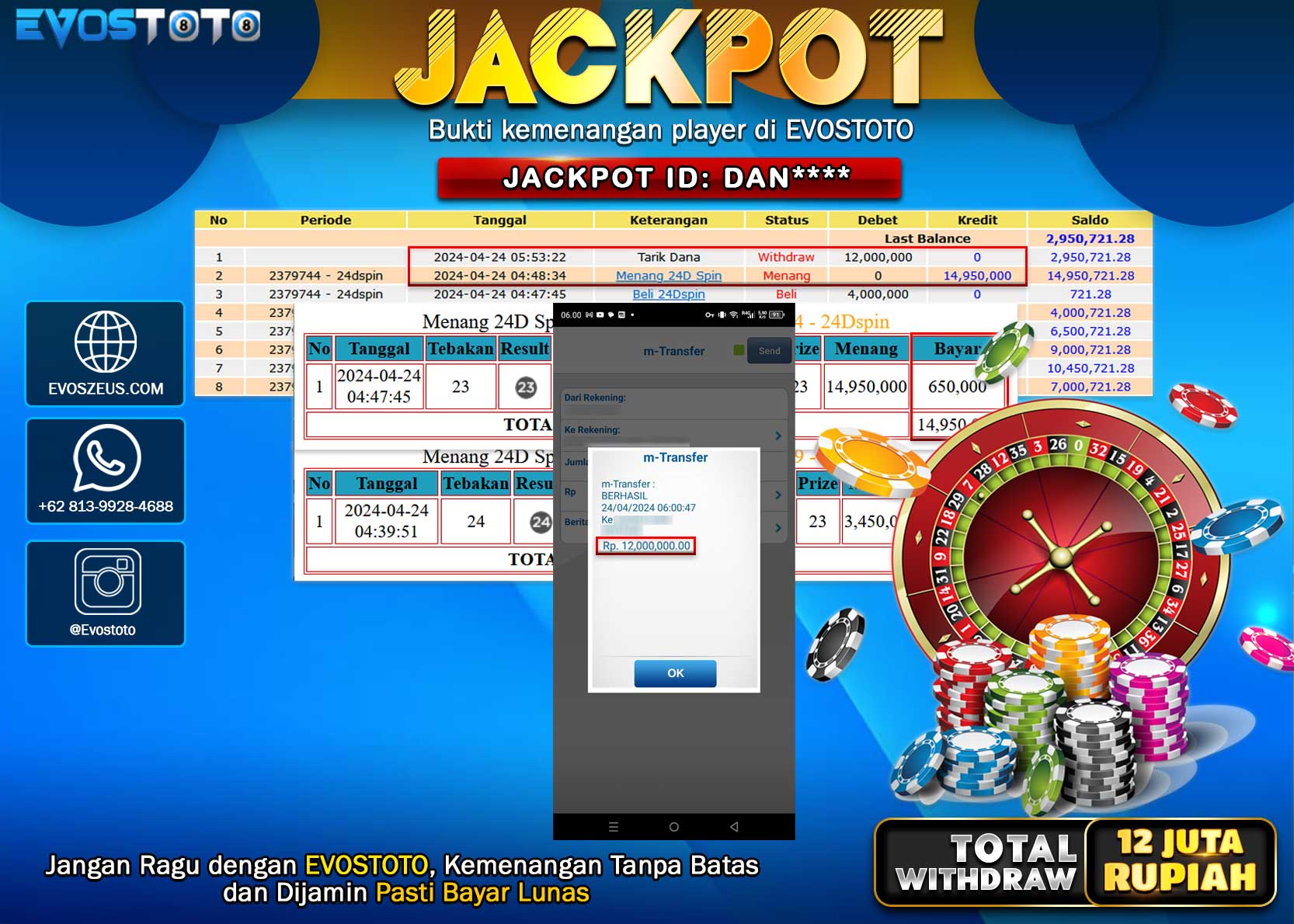 PEMBAYARAN JACKPOT LIVE GAME 24D SPIN 12.000.000 DI BAYAR LANGSUNG !