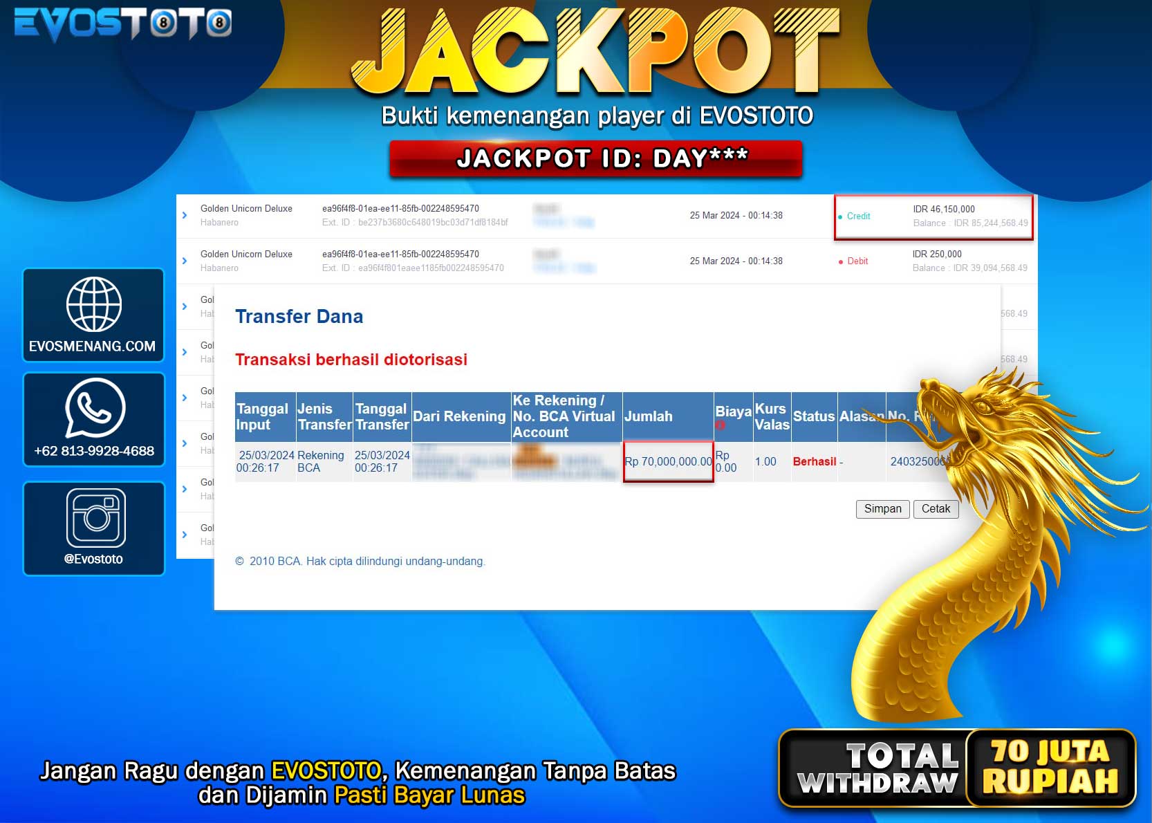 PEMBAYARAN JACKPOT SLOT GOLDEN UNICORN DELUXE 70.000.000 DI BAYAR LANGSUNG !