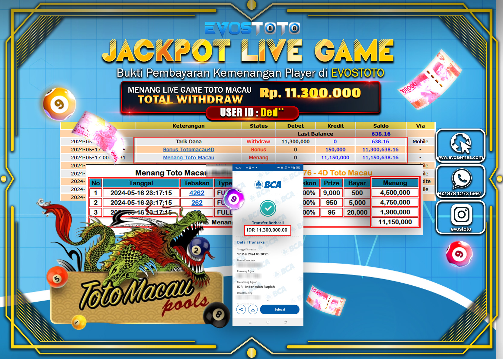 PEMBAYARAN JACKPOT POOL TOTO MACAU 4D 11.300.000 DI BAYAR LANGSUNG !