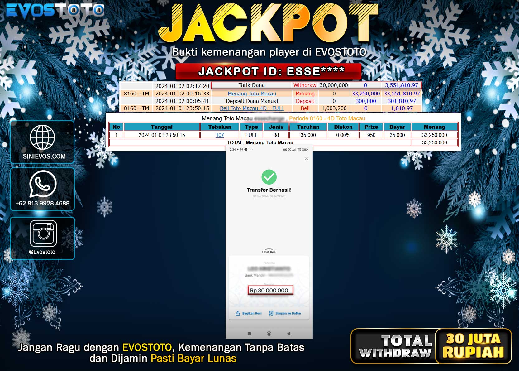 PEMBAYARAN JACKPOT POOL TOTO MACAU 4D 30.000.000 DI BAYAR LANGSUNG !