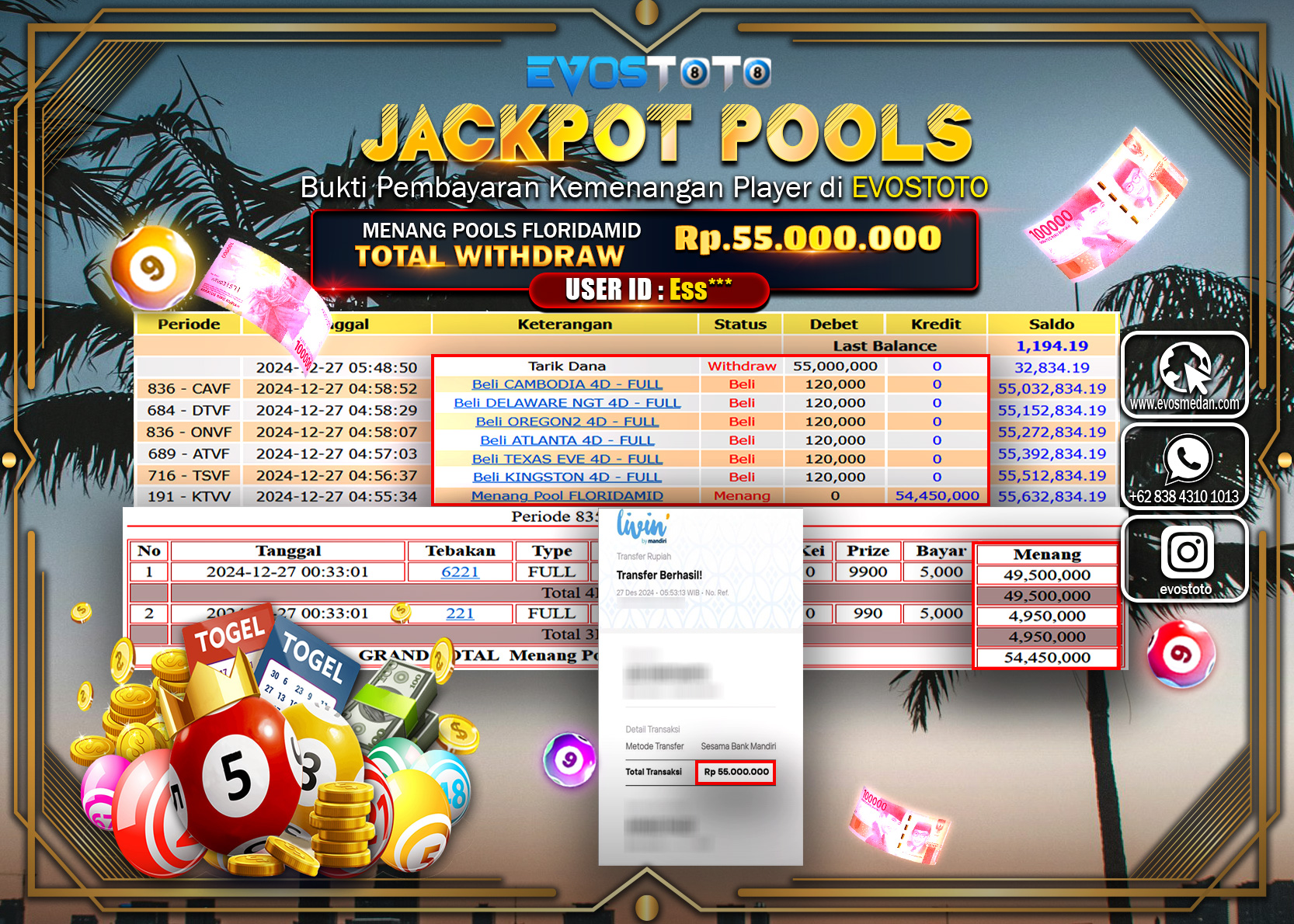 PEMBAYARAN JACKPOT POOLS  FLORIDAMID Rp.55.000.000 DI BAYAR LANGSUNG !