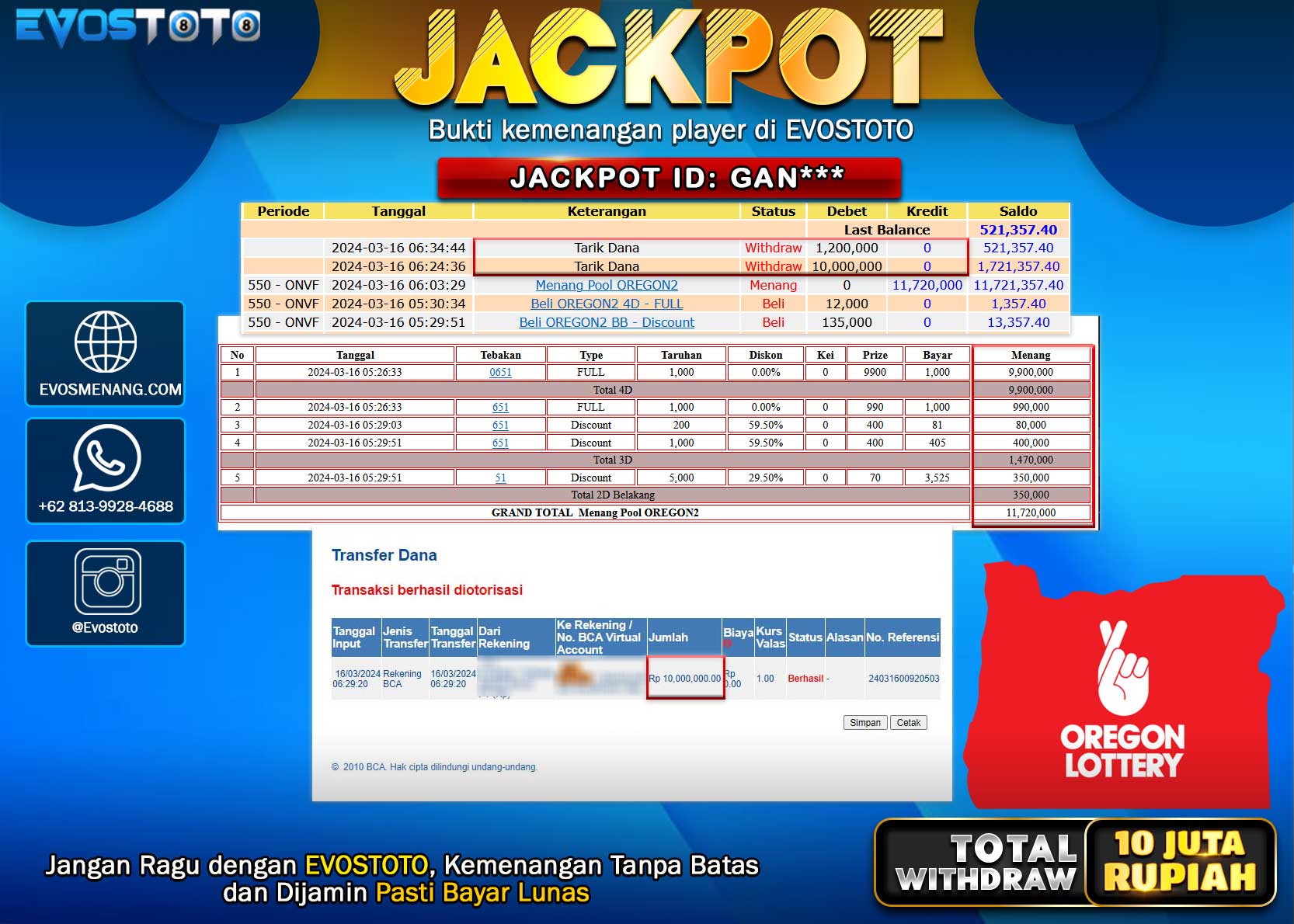 PEMBAYARAN JACKPOT POOL OREGON 2 10.000.000 DI BAYAR LANGSUNG !
