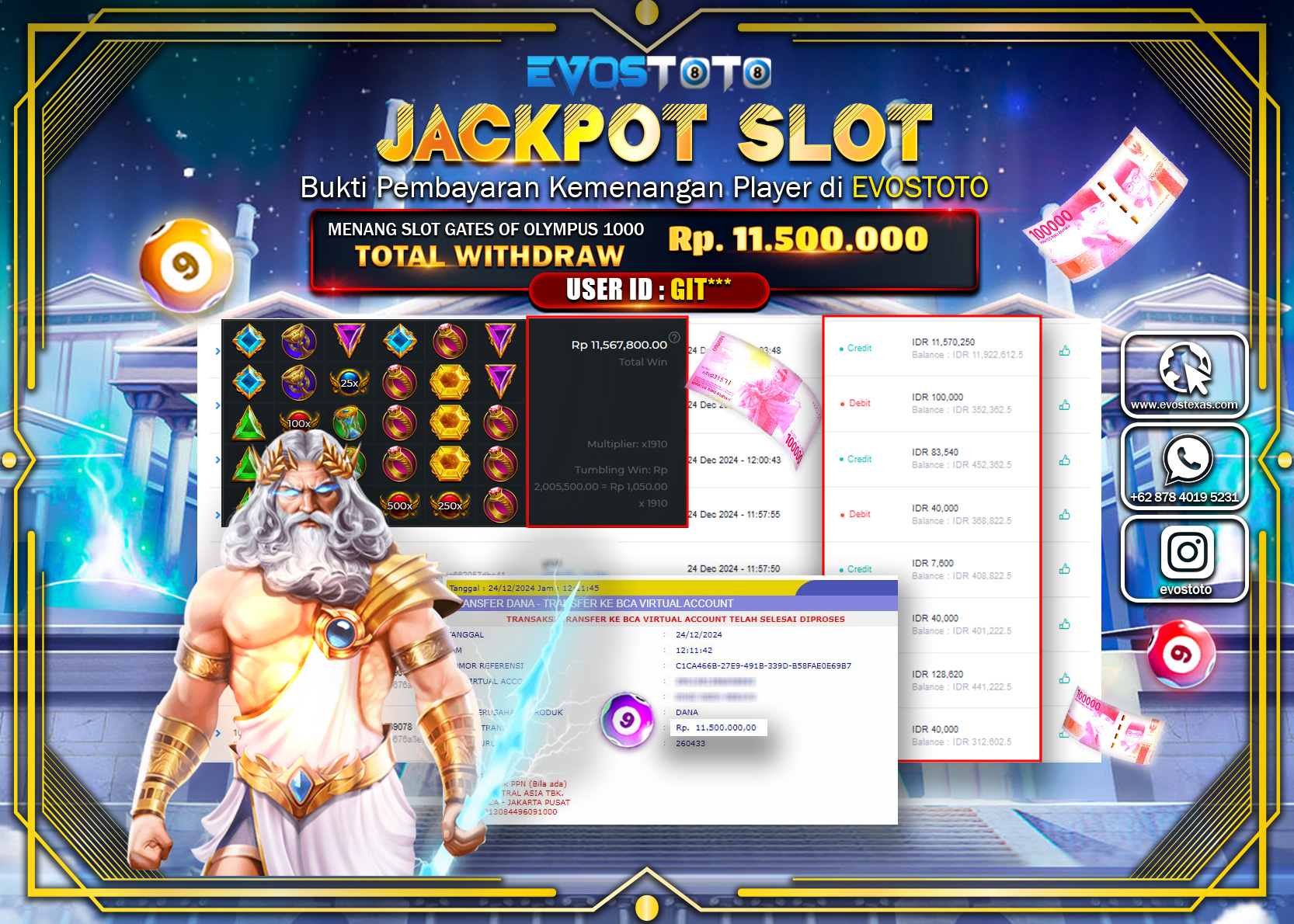 PEMBAYARAN JACKPOT SLOT GATES OF OLYMPUS 1000 Rp.11.500.000 DI BAYAR LANGSUNG !