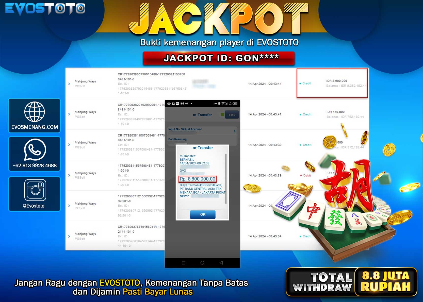 PEMBAYARAN JACKPOT SLOT MAHJONG WAYS 8.800.000 DI BAYAR LANGSUNG !