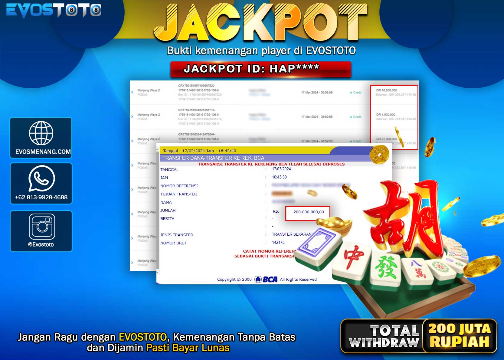 PEMBAYARAN JACKPOT SLOT MAHJONG WAYS 2 200.000.000 DI BAYAR LANGSUNG !