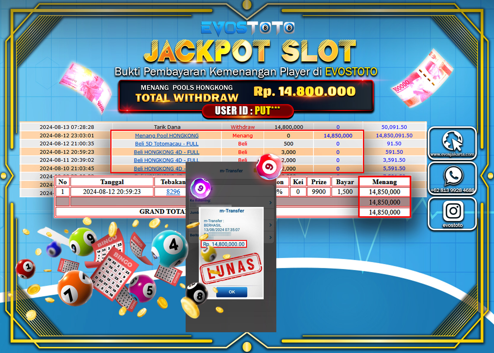 PEMBAYARAN JACKPOT POOLS HONGKONG 14.800.000 DI BAYAR LANGSUNG !