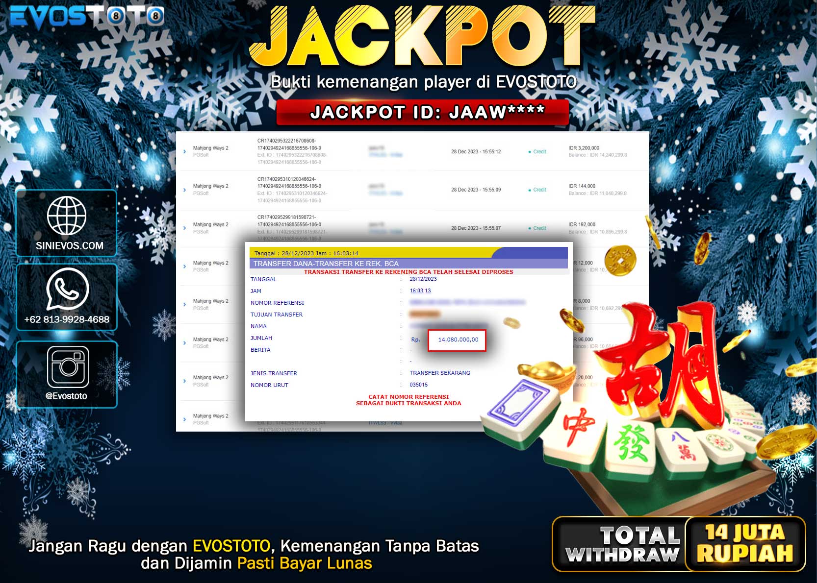 PEMBAYARAN JACKPOT SLOT MAHJONG WAYS 14.080.000 DI BAYAR LANGSUNG !