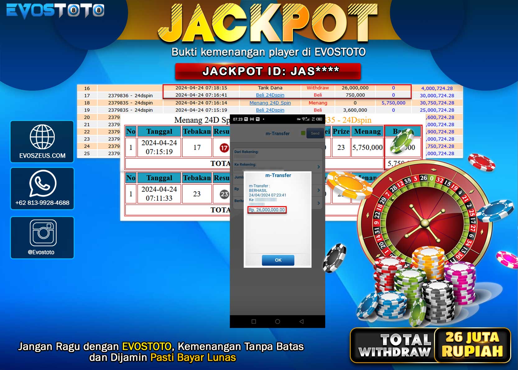PEMBAYARAN JACKPOT LIVE GAME 24D SPIN 26.000.000 DI BAYAR LANGSUNG !