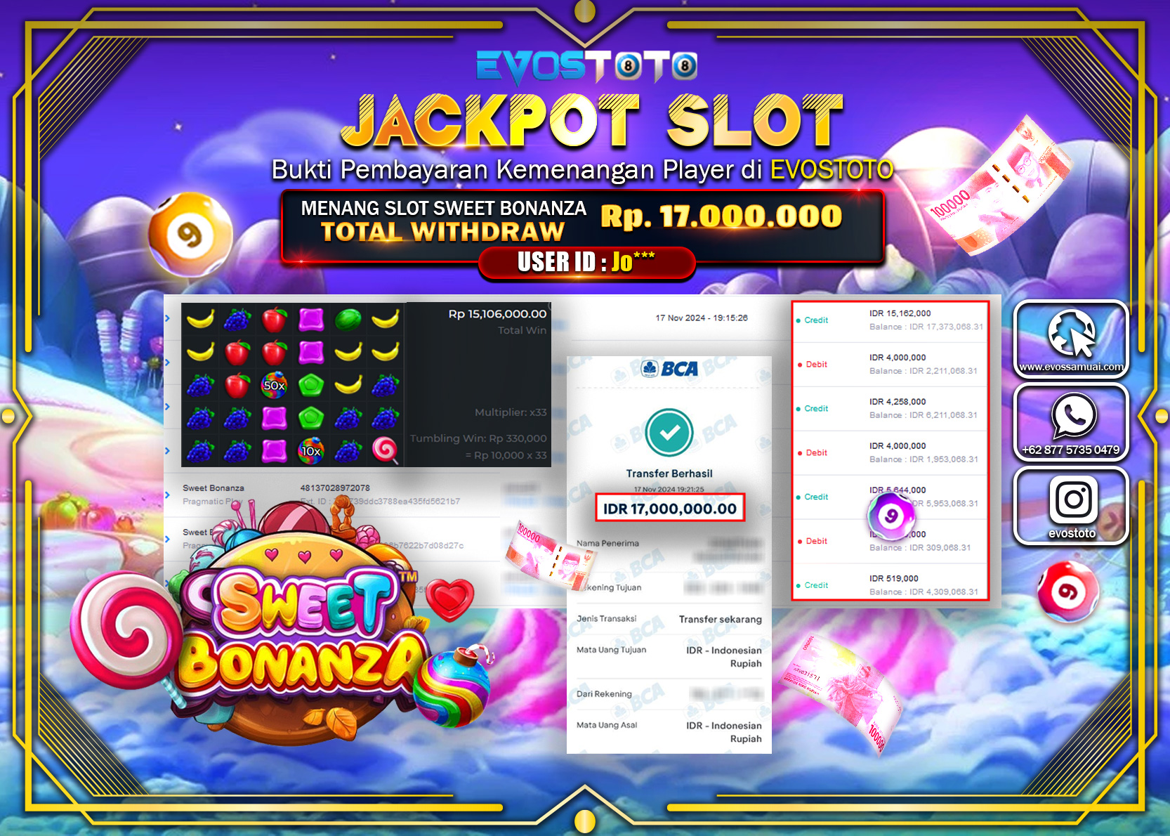 PEMBAYARAN JACKPOT SLOT SWEET BONANZA 17.000.000 DI BAYAR LANGSUNG !