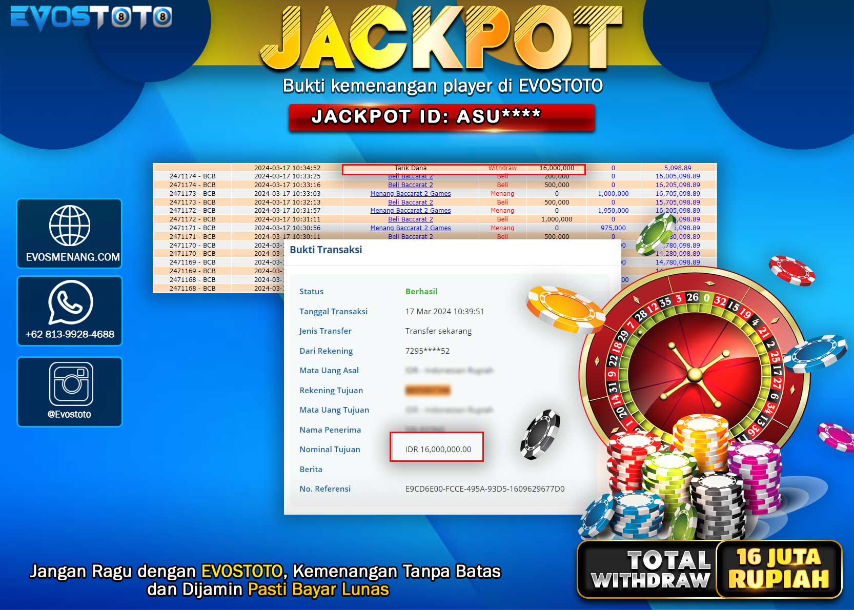 PEMBAYARAN JACKPOT LIVE GAME BACACARAT 2 16.000.000 DI BAYAR LANGSUNG !