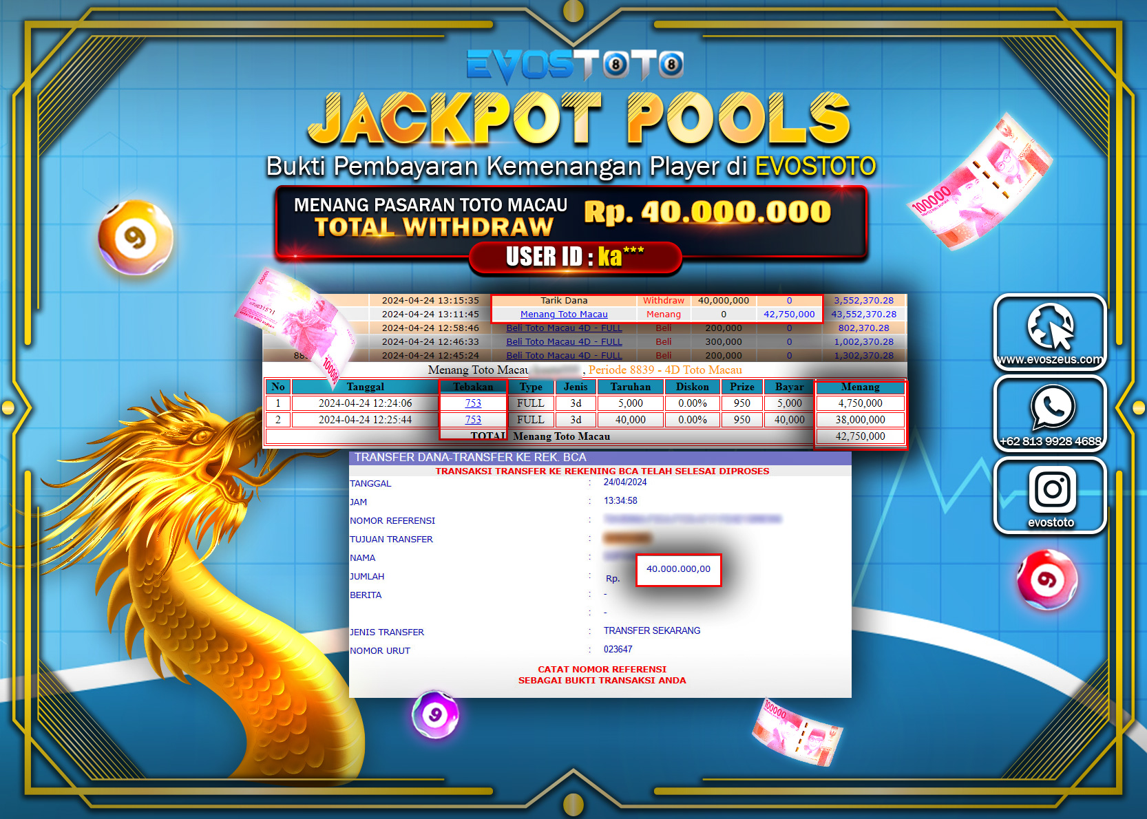 PEMBAYARAN JACKPOT POOL TOTO MACAU 4D 40.000.000 DI BAYAR LANGSUNG !
