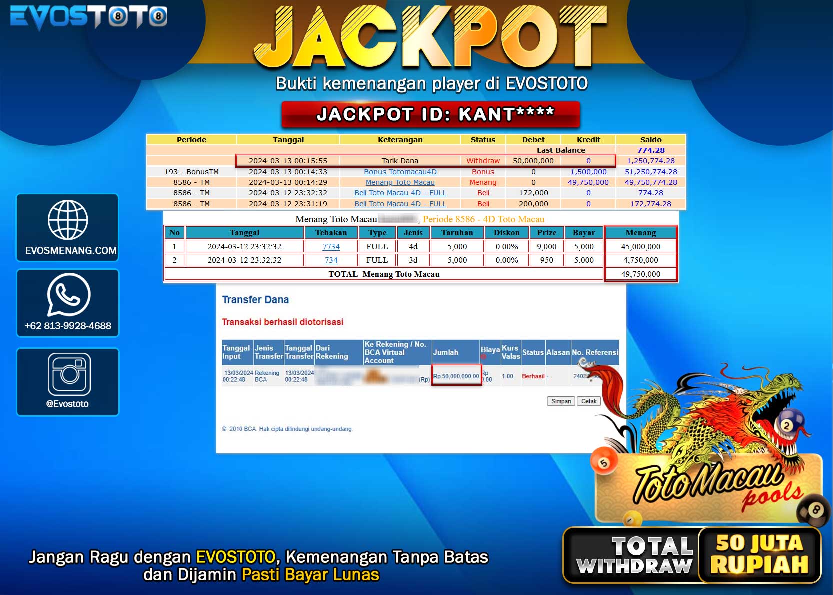 PEMBAYARAN JACKPOT POOL TOTO MACAU 4D 50.000.000 DI BAYAR LANGSUNG !